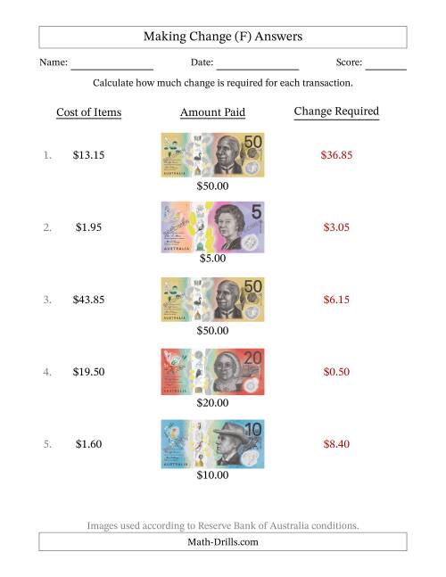 The Making Change from Australian Banknotes up to Fifty Dollars (F) Math Worksheet Page 2