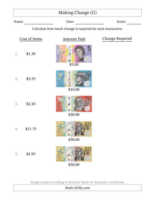 The Making Change from Australian Banknotes up to Fifty Dollars (G) Math Worksheet