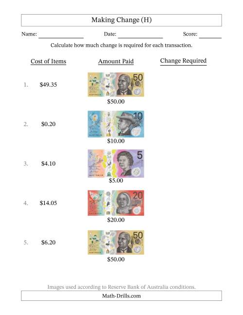 The Making Change from Australian Banknotes up to Fifty Dollars (H) Math Worksheet