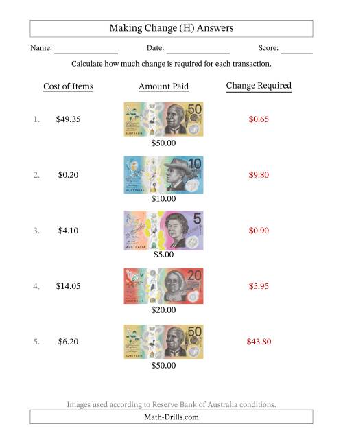 The Making Change from Australian Banknotes up to Fifty Dollars (H) Math Worksheet Page 2