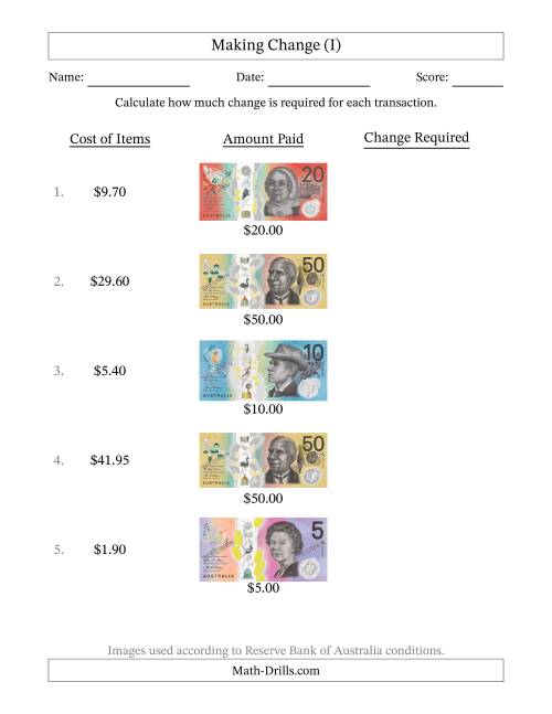 The Making Change from Australian Banknotes up to Fifty Dollars (I) Math Worksheet