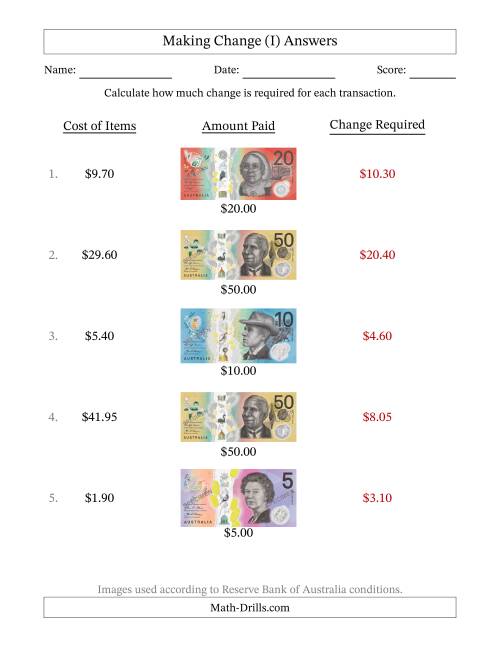 The Making Change from Australian Banknotes up to Fifty Dollars (I) Math Worksheet Page 2