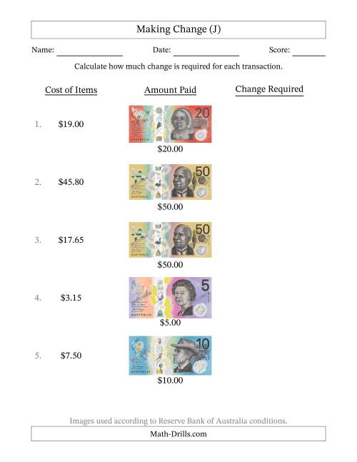 The Making Change from Australian Banknotes up to Fifty Dollars (J) Math Worksheet