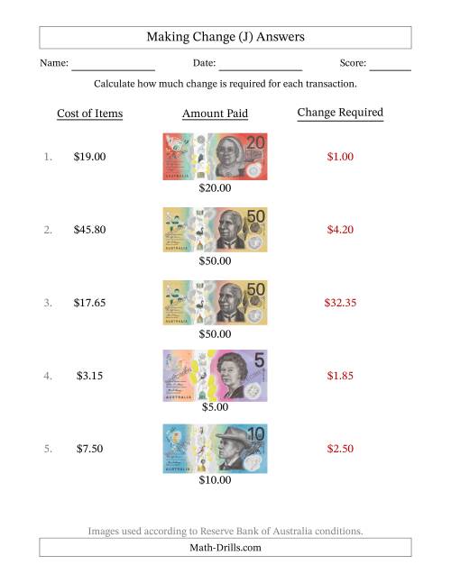 The Making Change from Australian Banknotes up to Fifty Dollars (J) Math Worksheet Page 2