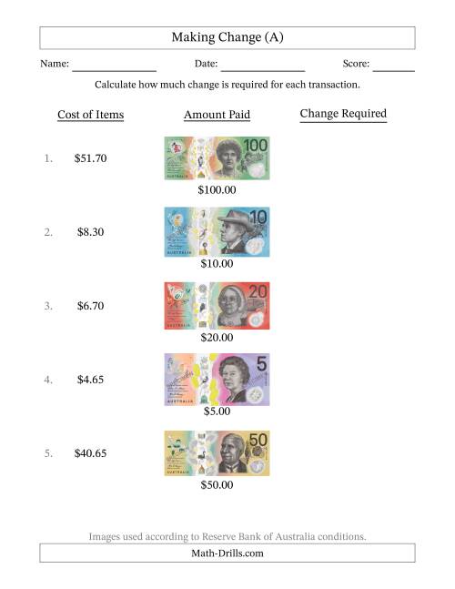 The Making Change from Australian Banknotes up to One Hundred Dollars (A) Math Worksheet