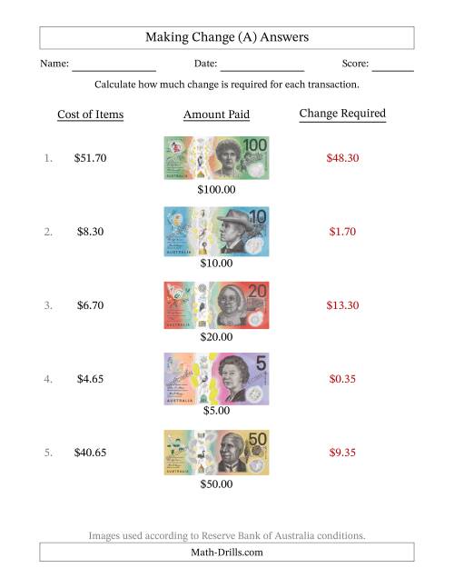 The Making Change from Australian Banknotes up to One Hundred Dollars (A) Math Worksheet Page 2