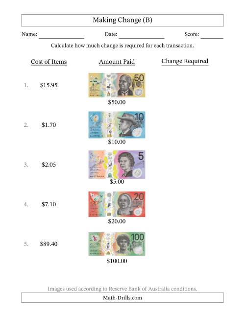 The Making Change from Australian Banknotes up to One Hundred Dollars (B) Math Worksheet