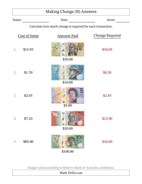 The Making Change from Australian Banknotes up to One Hundred Dollars (B) Math Worksheet Page 2