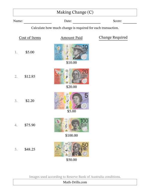 The Making Change from Australian Banknotes up to One Hundred Dollars (C) Math Worksheet