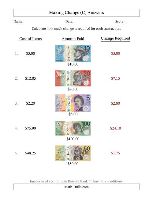 The Making Change from Australian Banknotes up to One Hundred Dollars (C) Math Worksheet Page 2