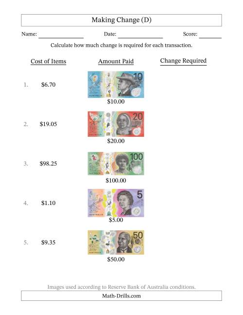 The Making Change from Australian Banknotes up to One Hundred Dollars (D) Math Worksheet