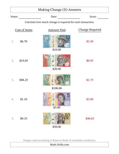 The Making Change from Australian Banknotes up to One Hundred Dollars (D) Math Worksheet Page 2