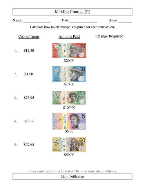 The Making Change from Australian Banknotes up to One Hundred Dollars (E) Math Worksheet