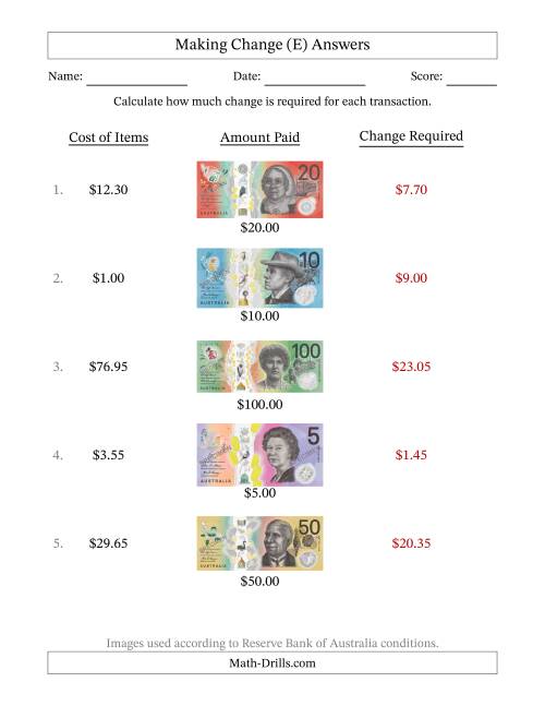 The Making Change from Australian Banknotes up to One Hundred Dollars (E) Math Worksheet Page 2