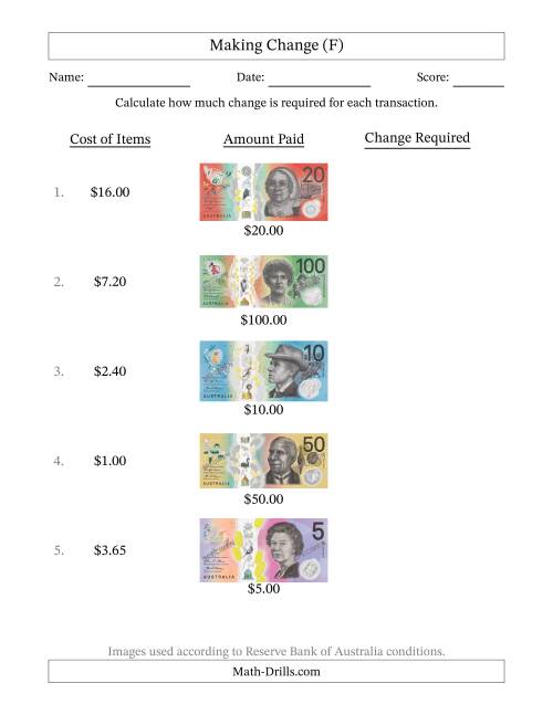 The Making Change from Australian Banknotes up to One Hundred Dollars (F) Math Worksheet