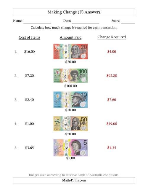 The Making Change from Australian Banknotes up to One Hundred Dollars (F) Math Worksheet Page 2