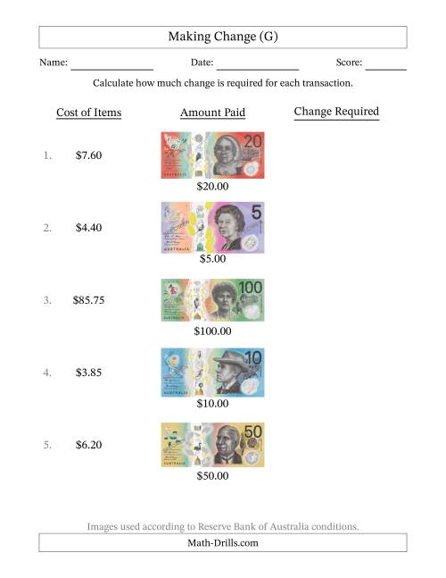 The Making Change from Australian Banknotes up to One Hundred Dollars (G) Math Worksheet