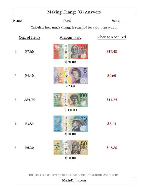 The Making Change from Australian Banknotes up to One Hundred Dollars (G) Math Worksheet Page 2