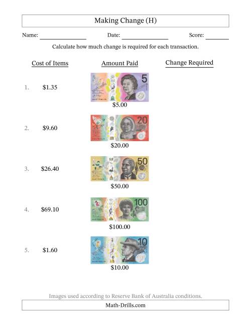 The Making Change from Australian Banknotes up to One Hundred Dollars (H) Math Worksheet