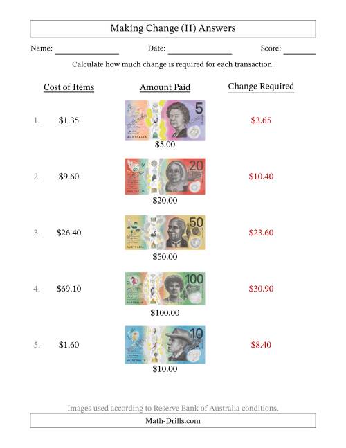 The Making Change from Australian Banknotes up to One Hundred Dollars (H) Math Worksheet Page 2