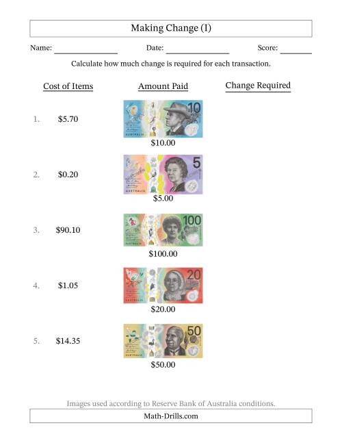 The Making Change from Australian Banknotes up to One Hundred Dollars (I) Math Worksheet