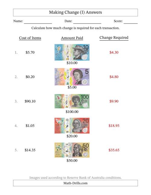 The Making Change from Australian Banknotes up to One Hundred Dollars (I) Math Worksheet Page 2