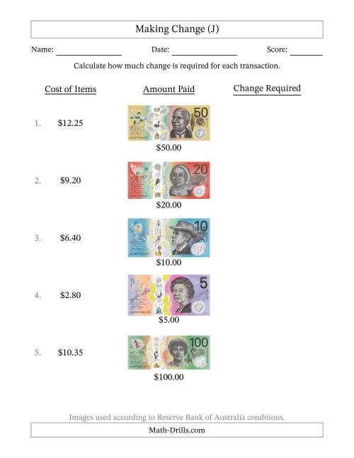 The Making Change from Australian Banknotes up to One Hundred Dollars (J) Math Worksheet