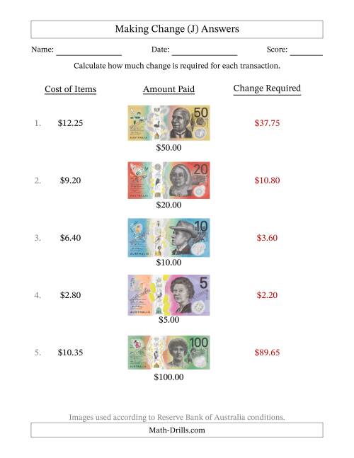 The Making Change from Australian Banknotes up to One Hundred Dollars (J) Math Worksheet Page 2