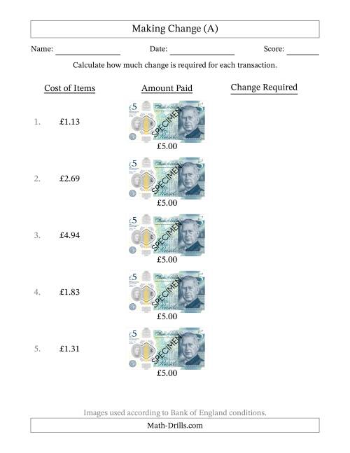 The Making Change from Bank of England Five Pound Banknotes (A) Math Worksheet