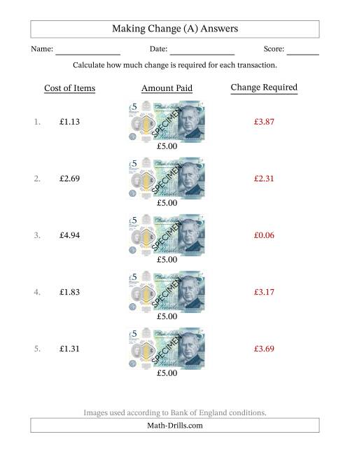 The Making Change from Bank of England Five Pound Banknotes (A) Math Worksheet Page 2