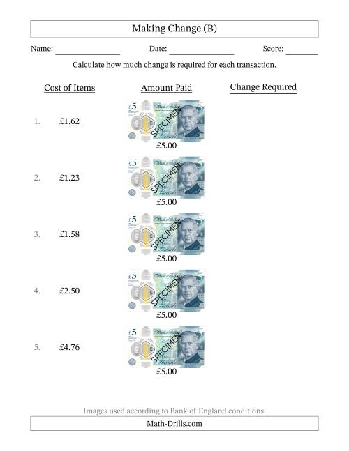 The Making Change from Bank of England Five Pound Banknotes (B) Math Worksheet