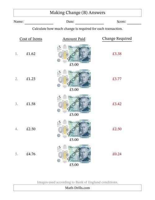 The Making Change from Bank of England Five Pound Banknotes (B) Math Worksheet Page 2