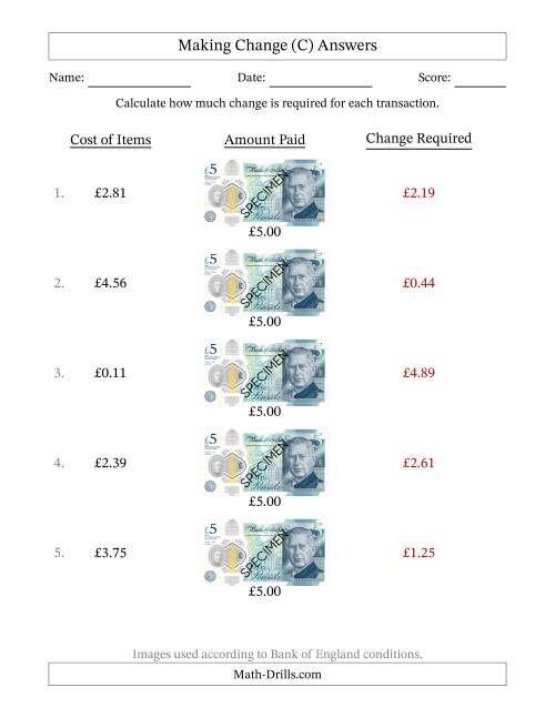 The Making Change from Bank of England Five Pound Banknotes (C) Math Worksheet Page 2