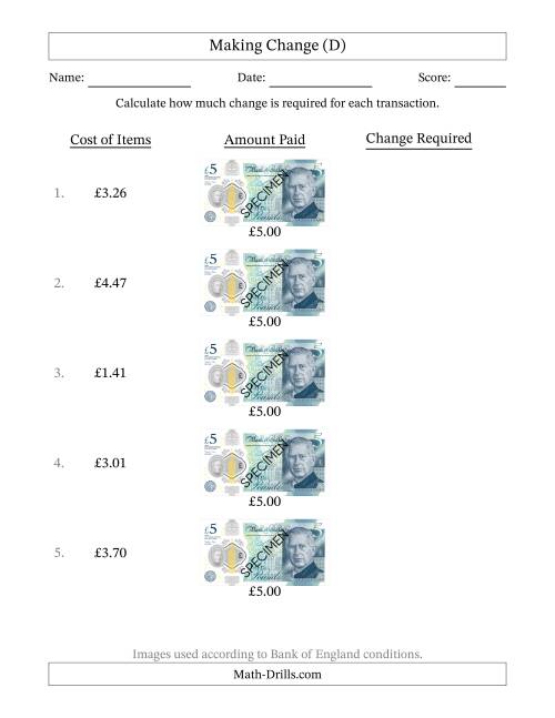 The Making Change from Bank of England Five Pound Banknotes (D) Math Worksheet