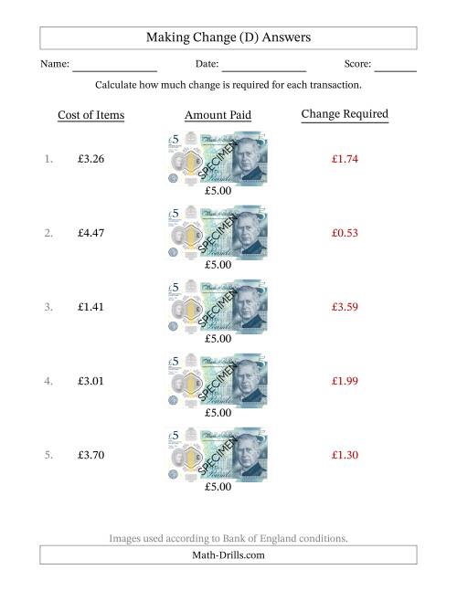 The Making Change from Bank of England Five Pound Banknotes (D) Math Worksheet Page 2