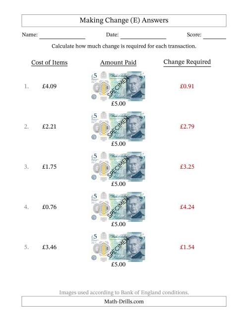 The Making Change from Bank of England Five Pound Banknotes (E) Math Worksheet Page 2