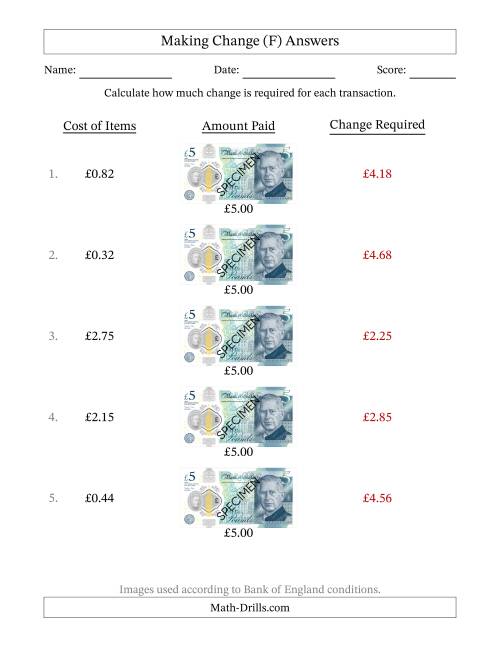 The Making Change from Bank of England Five Pound Banknotes (F) Math Worksheet Page 2