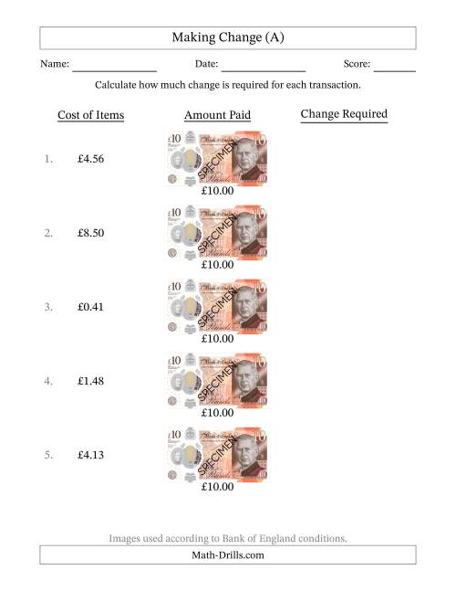 The Making Change from Bank of England Ten Pound Banknotes (A) Math Worksheet