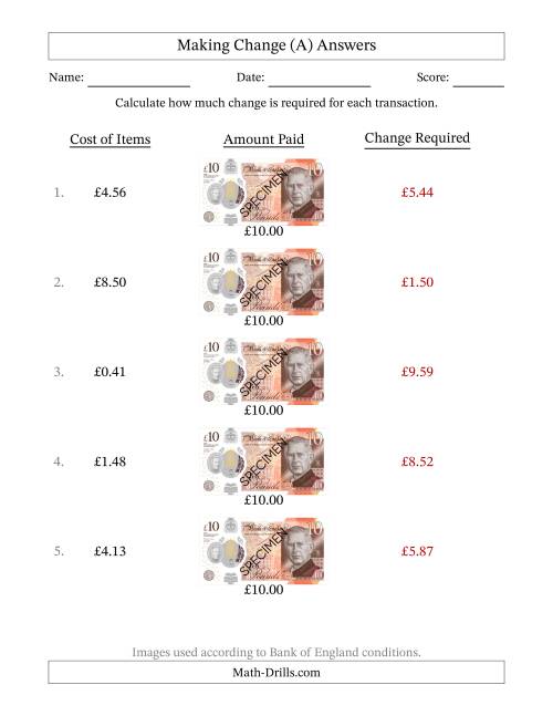 The Making Change from Bank of England Ten Pound Banknotes (A) Math Worksheet Page 2