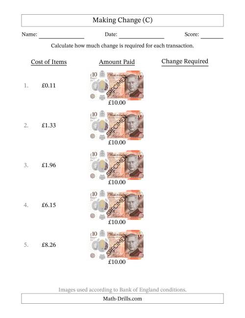 The Making Change from Bank of England Ten Pound Banknotes (C) Math Worksheet