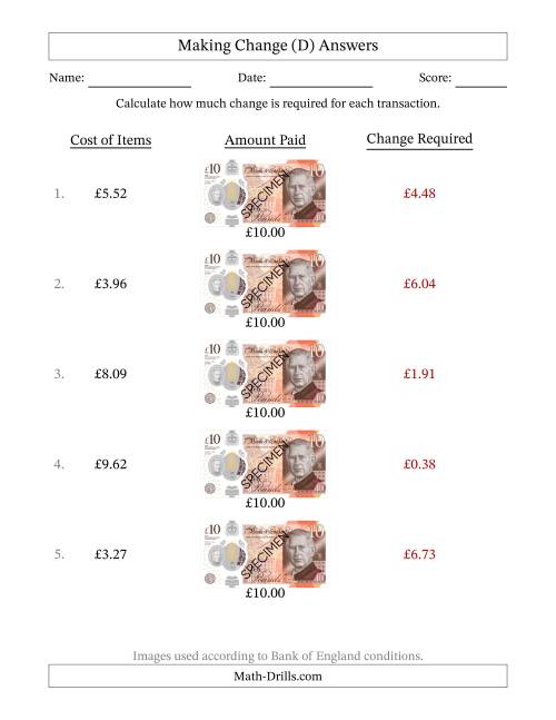 The Making Change from Bank of England Ten Pound Banknotes (D) Math Worksheet Page 2