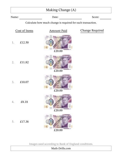 The Making Change from Bank of England Twenty Pound Banknotes (A) Math Worksheet