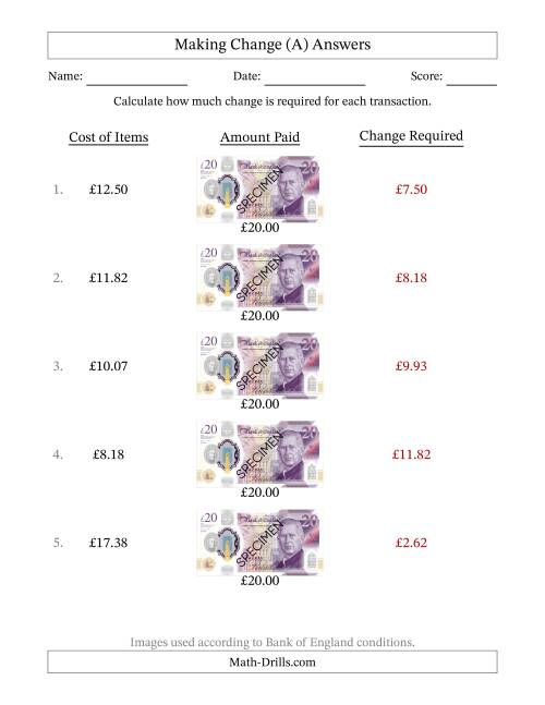 The Making Change from Bank of England Twenty Pound Banknotes (A) Math Worksheet Page 2