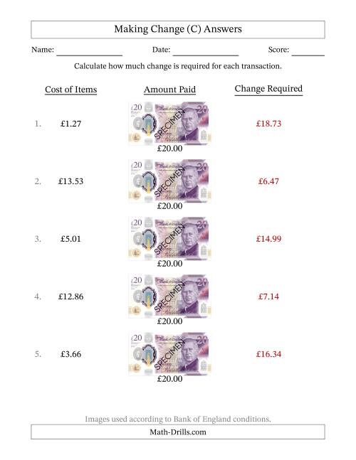 The Making Change from Bank of England Twenty Pound Banknotes (C) Math Worksheet Page 2