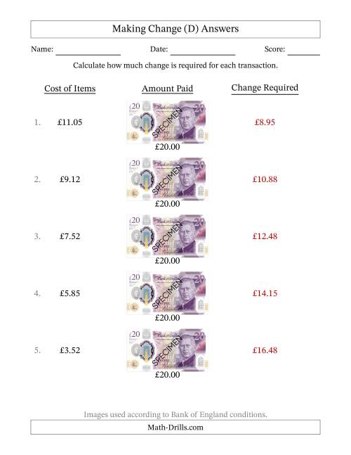 The Making Change from Bank of England Twenty Pound Banknotes (D) Math Worksheet Page 2