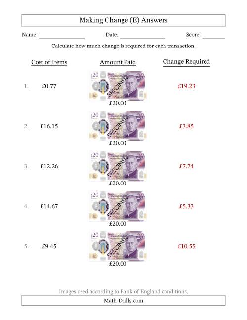 The Making Change from Bank of England Twenty Pound Banknotes (E) Math Worksheet Page 2