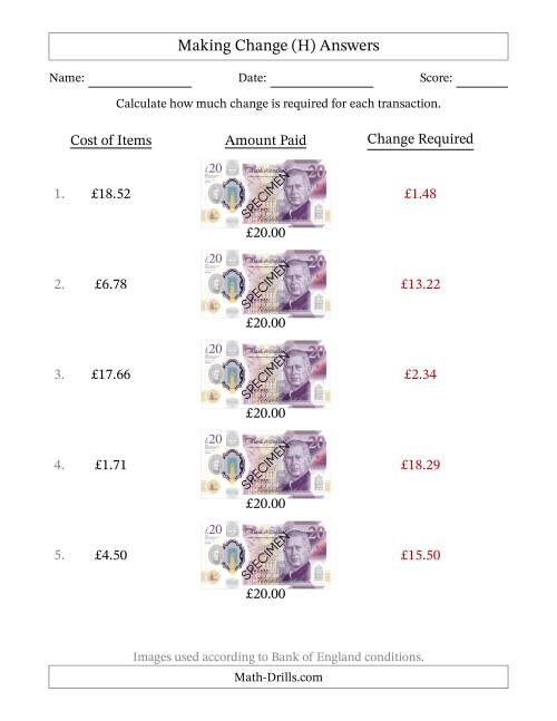 The Making Change from Bank of England Twenty Pound Banknotes (H) Math Worksheet Page 2