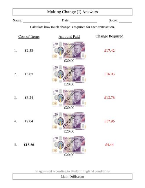 The Making Change from Bank of England Twenty Pound Banknotes (I) Math Worksheet Page 2