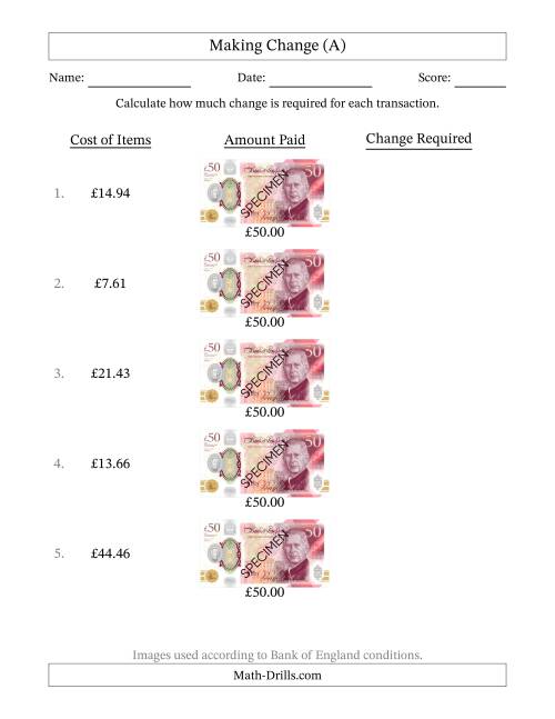 The Making Change from Bank of England Fifty Pound Banknotes (A) Math Worksheet