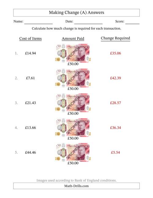 The Making Change from Bank of England Fifty Pound Banknotes (A) Math Worksheet Page 2